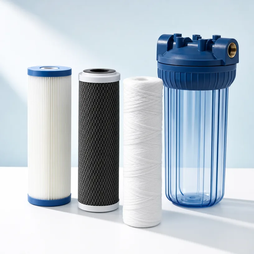 Cartouches de filtration alignées : plissée blanche, charbon actif noire, bobinée, avec un bol translucide bleu