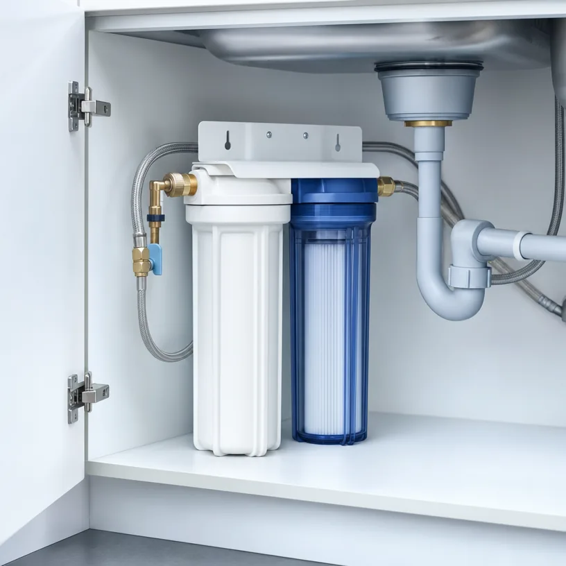 Installation duplex sous évier : deux porte-filtres montés sur platine, flexibles et raccords laiton